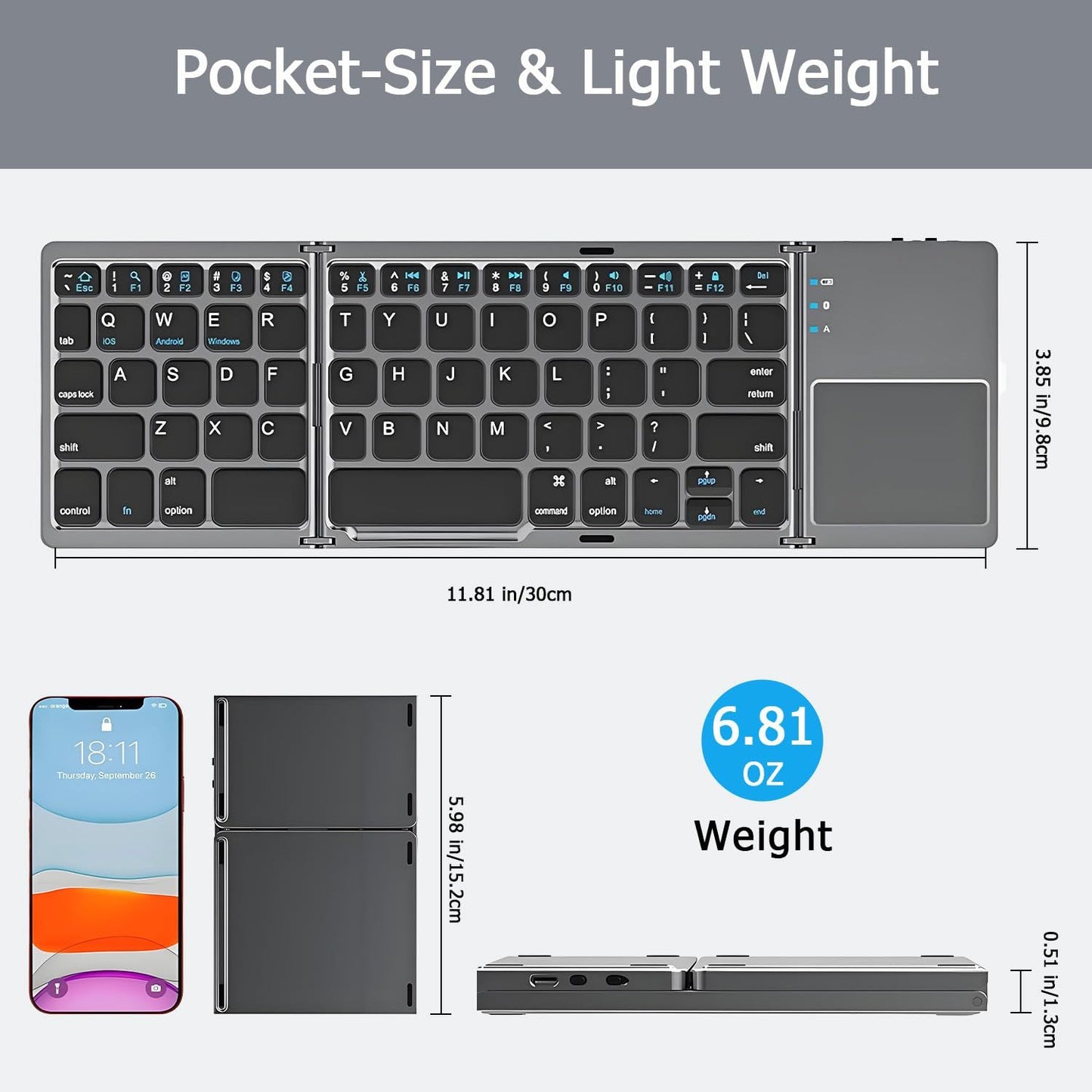 Foldable Bluetooth Keyboard with Touchpad, Wireless Portable Keyboard, Ultra Slim Rechargeable Folding Keyboard with Full-Size Keys for iOS Android Windows Laptop Tablet PC,Black