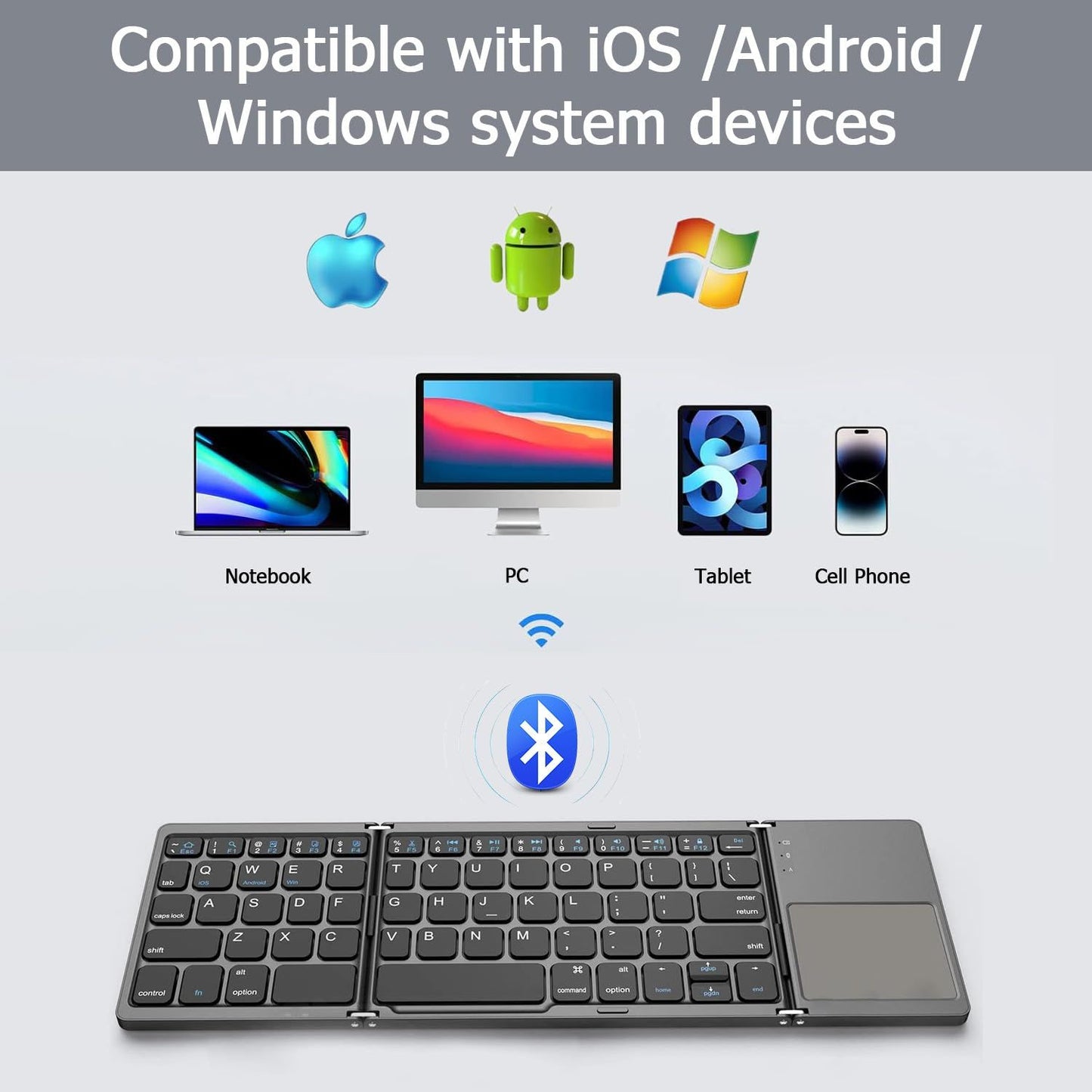 Foldable Bluetooth Keyboard with Touchpad, Wireless Portable Keyboard, Ultra Slim Rechargeable Folding Keyboard with Full-Size Keys for iOS Android Windows Laptop Tablet PC,Silver