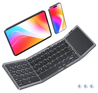 Foldable Bluetooth Keyboard with Touchpad, Wireless Portable Keyboard, Ultra Slim Rechargeable Folding Keyboard with Full-Size Keys for iOS Android Windows Laptop Tablet PC,Silver
