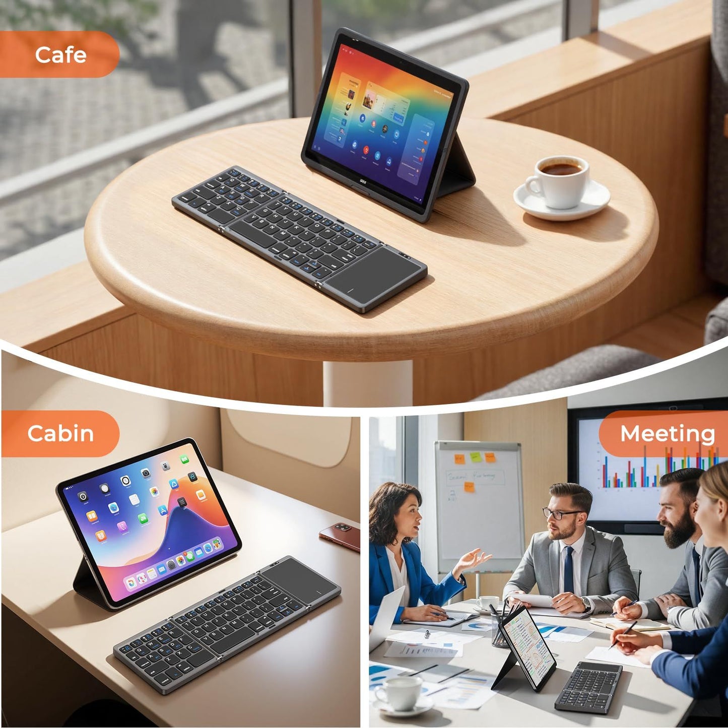 Foldable Bluetooth Keyboard with Touchpad, Wireless Portable Keyboard, Ultra Slim Rechargeable Folding Keyboard with Full-Size Keys for iOS Android Windows Laptop Tablet PC,Silver