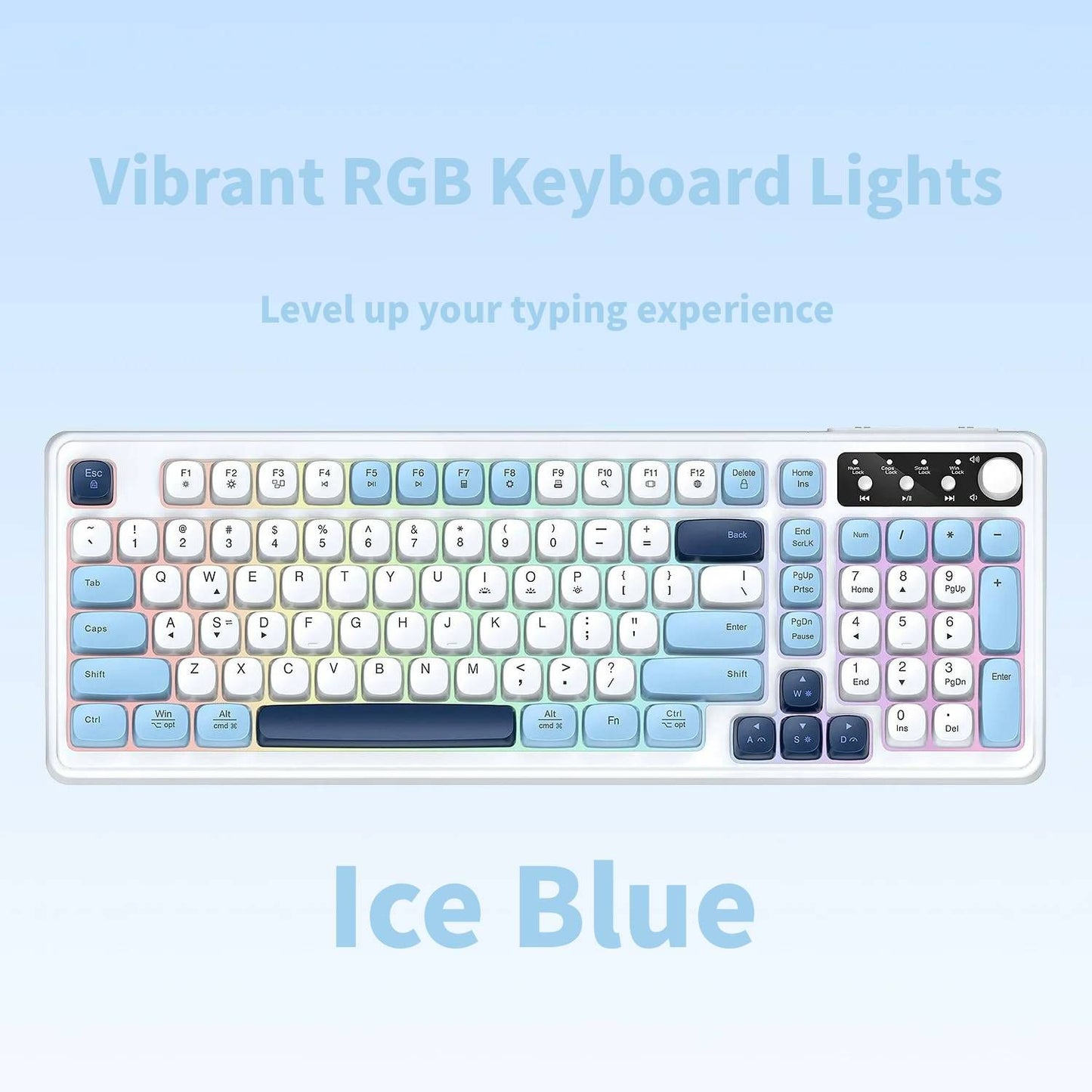 Tri-Mode Wireless Mechanical Keyboard, Bluetooth 5.0/2.4G/USB-C, 96% Layout RGB Backlit Keyboard, Hot Swappable Quiet Switch, Programmable Keys, Multi-Device for PC Mac iOS Android,Ice Blue