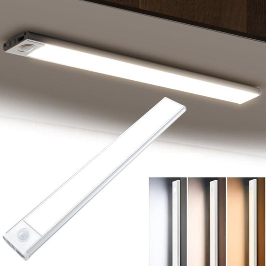 40cm silver LED light strip, wireless magnetic under-cabinet lighting, USB rechargeable, suitable for wardrobes, kitchens, and hallways.