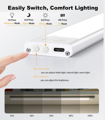 40cm silver LED light strip, wireless magnetic under-cabinet lighting, USB rechargeable, suitable for wardrobes, kitchens, and hallways.