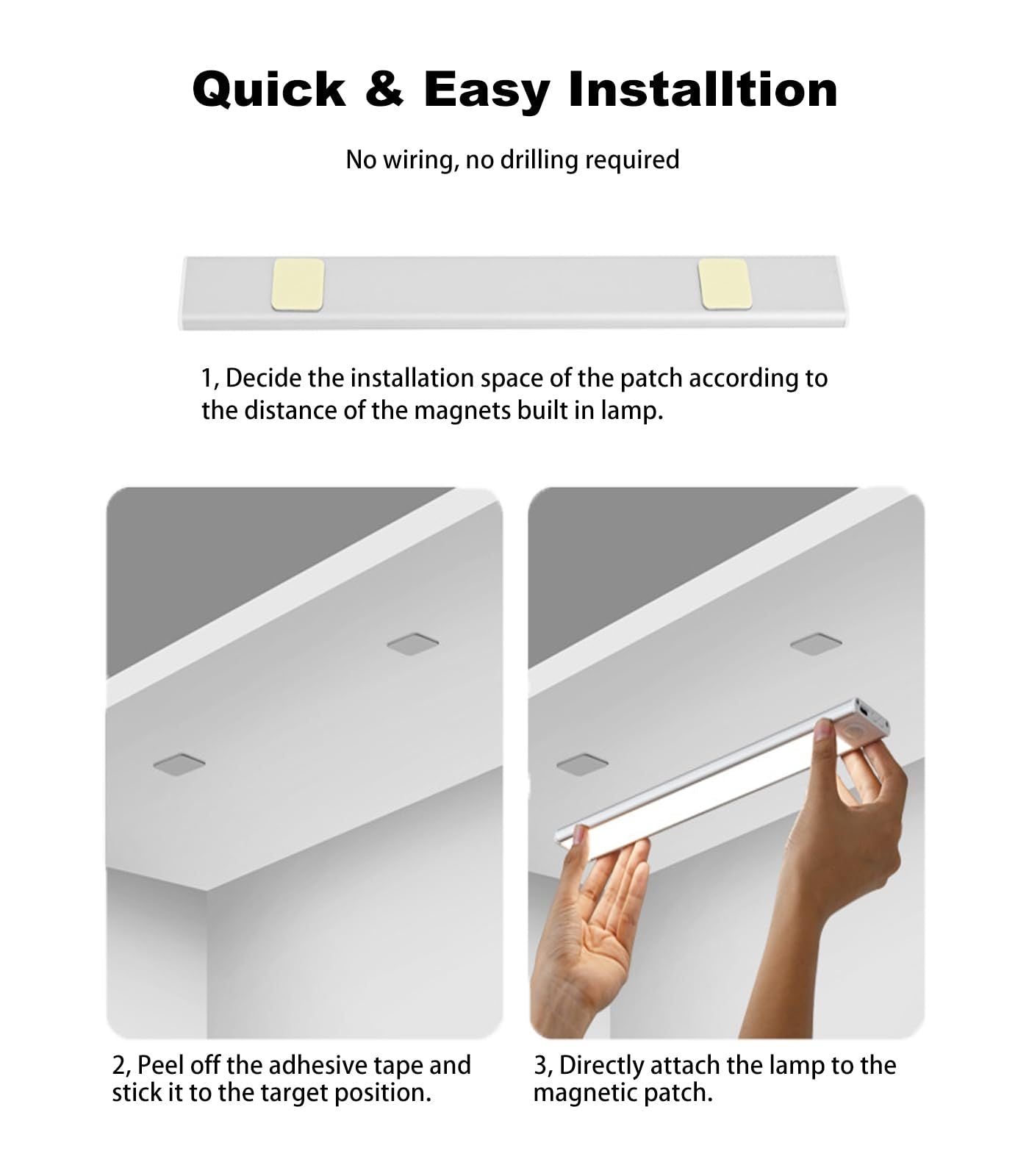 40cm silver LED light strip, wireless magnetic under-cabinet lighting, USB rechargeable, suitable for wardrobes, kitchens, and hallways.