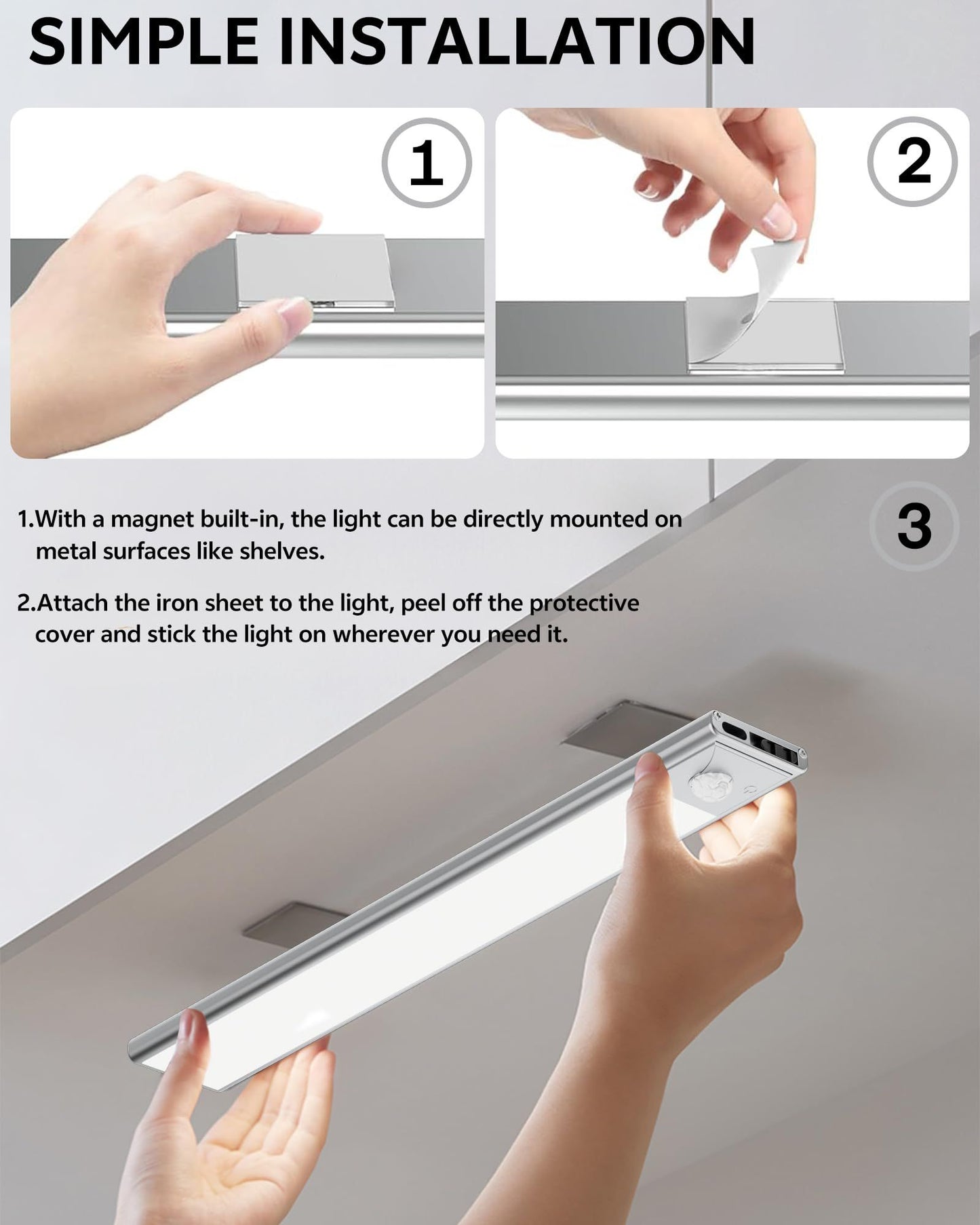20cm black LED strip, wireless magnetic under-cabinet lighting, USB rechargeable, suitable for wardrobes, kitchens, and hallways.