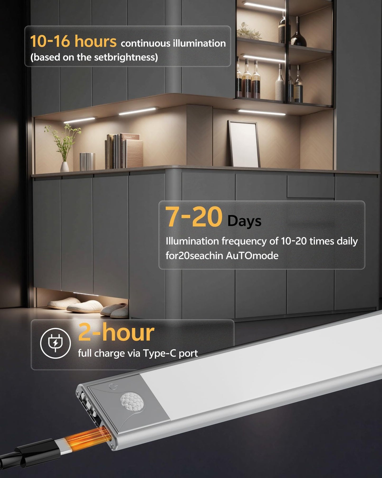 60cm black LED strip, wireless magnetic under-cabinet lighting, USB rechargeable, suitable for wardrobes, kitchens, and hallways.