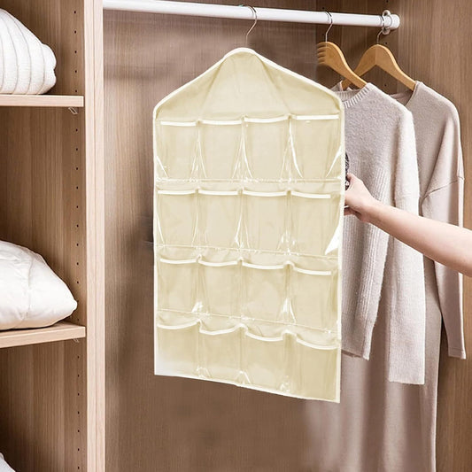 Beige Hanging Storage Bag for Closets, Portable 16 Pockets Hanging Organizer for Socks, Bras and Underwear, Closet Organizers and Storage Closet Bag, Behind the Door Organizer