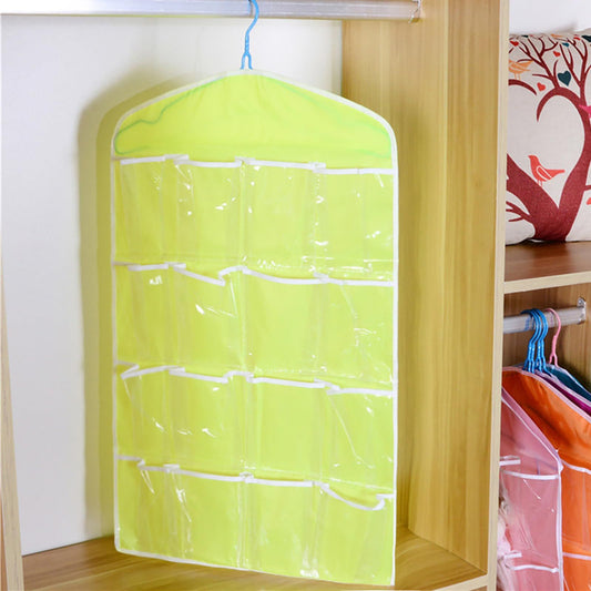 Green wardrobe hanging storage bag, portable 16-pocket hanging organizer bag, can store socks, bras and underwear, wardrobe organizer bag, back door storage bag.