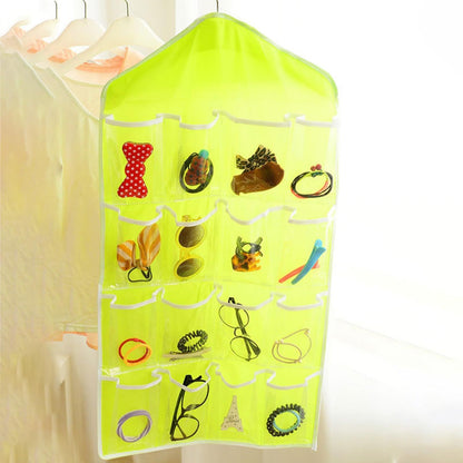 Green wardrobe hanging storage bag, portable 16-pocket hanging organizer bag, can store socks, bras and underwear, wardrobe organizer bag, back door storage bag.