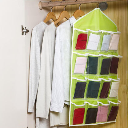 Green wardrobe hanging storage bag, portable 16-pocket hanging organizer bag, can store socks, bras and underwear, wardrobe organizer bag, back door storage bag.