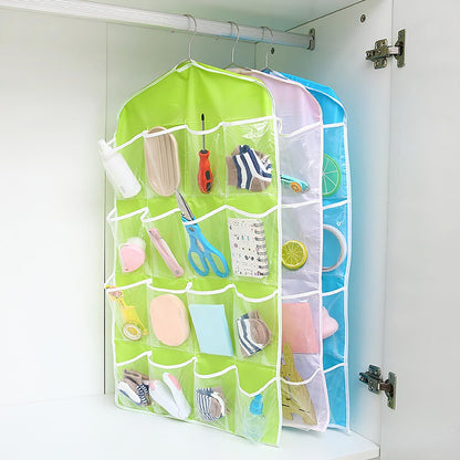 Green wardrobe hanging storage bag, portable 16-pocket hanging organizer bag, can store socks, bras and underwear, wardrobe organizer bag, back door storage bag.