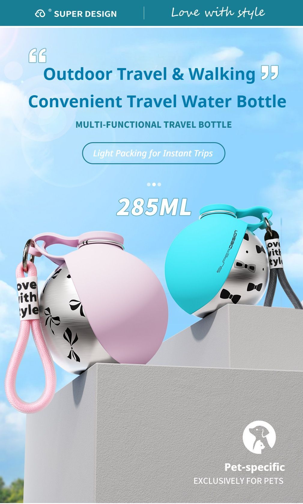 Blue Floral Print Xiaoman Portable Pet Water Bottle