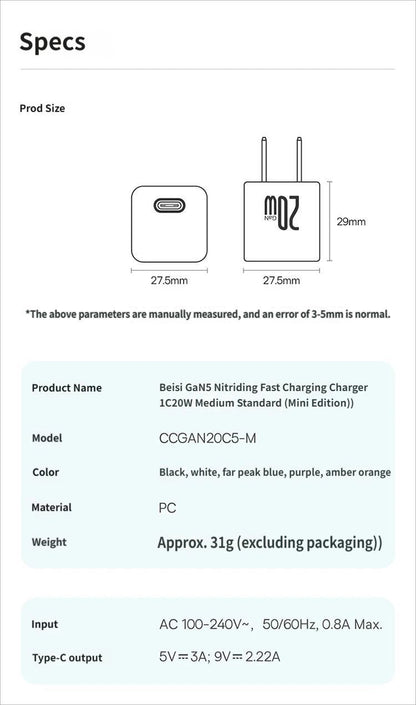 GaN5 Fast charging charger mini 1C 20W-Black