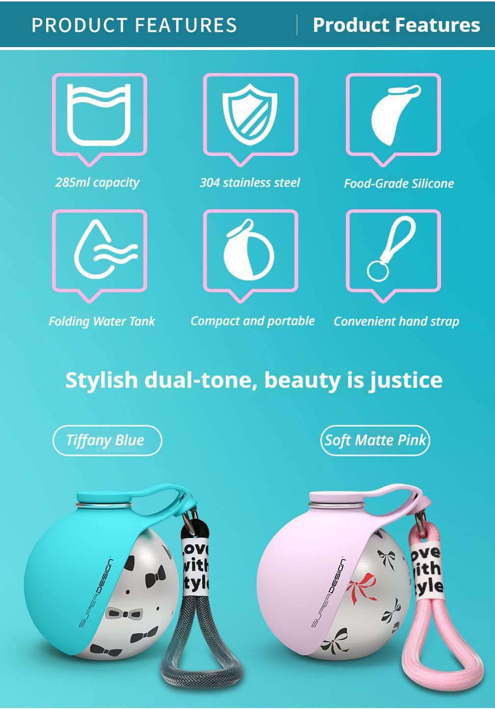 Pink Floral Print Xiaoman Portable Pet Water Bottle