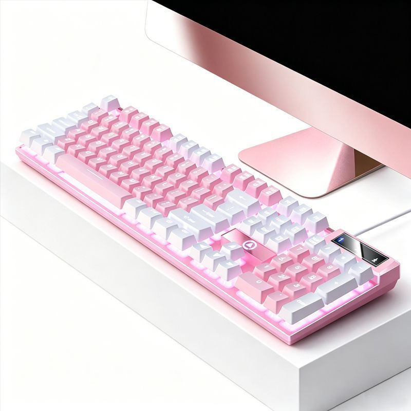 104 Keys Wired Keyboard Pink And White