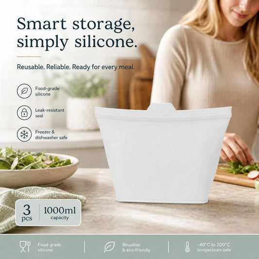 3 Pack Food-Grade Silicone Food Storage Bags, Clear, 1000ml