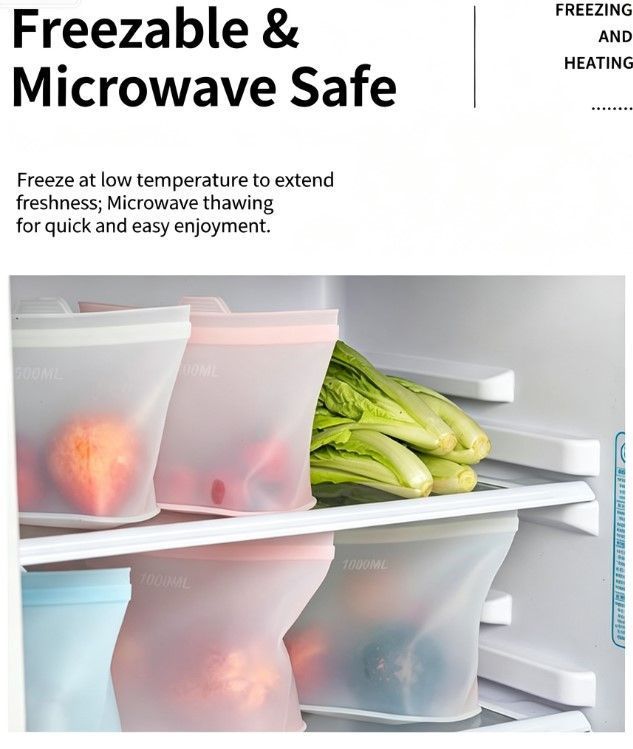 2 Pack Food-Grade Silicone Food Storage Bags, Clear, 1500ml