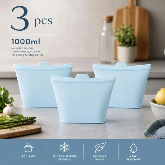 3 Pack Food-Grade Silicone Food Storage Bags, Light Blue, 1000ml