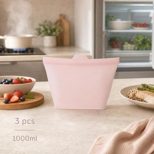 3 Pack Food-Grade Silicone Food Storage Bags, Light Pink, 1000ml