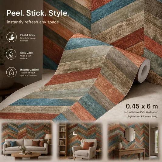 Self Adhesive PVC Vintage Wallpaper 0.45x6M, Rhombus Color Wood Grain, Home Decor Gift