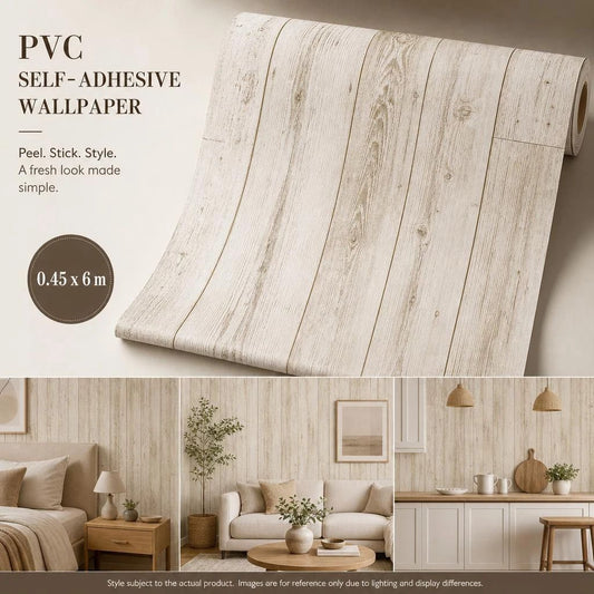 Self Adhesive Background Wallpaper 0.45x6M, Ivory Yellow Wood Grain, Cozy House Renovation