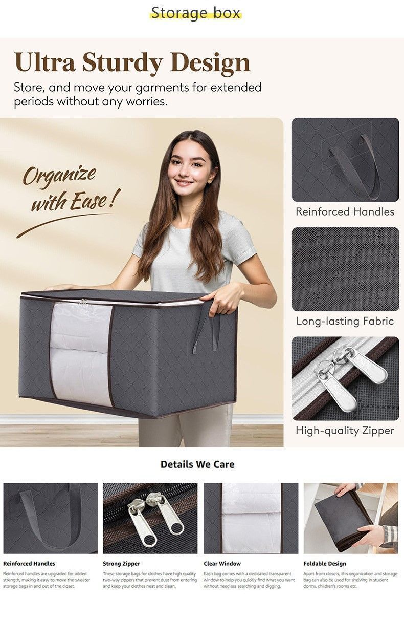 Quilt Storage Bag 85L 8 Pack Black Zipper, Dustproof Clothes Organizer For Moving House, Household Bedding Packing Bag
