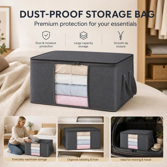 Small 35L Clothes Storage Bag Grey, Brown Edge White Zipper, Space Saving Wardrobe Organizer For Garments