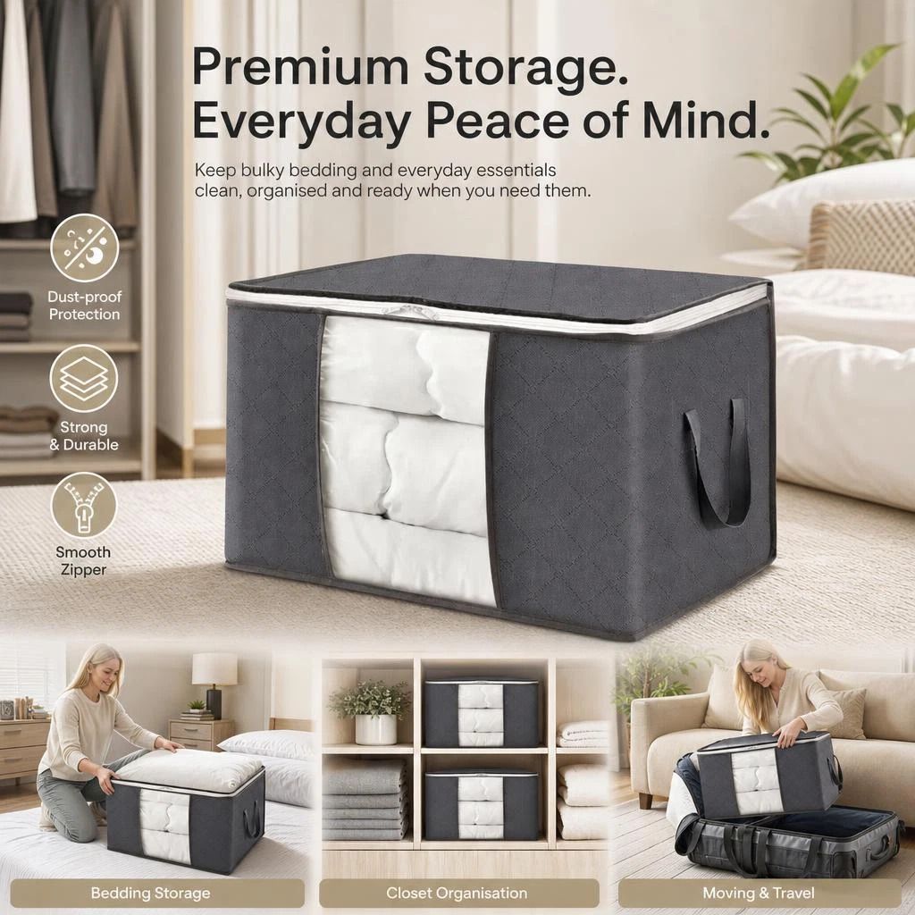 Extra Large 90L Moving Storage Bag Grey, Brown Edge White Zipper, Big Capacity For Thick Winter Quilts