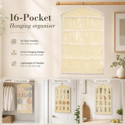 16-Grid Visible Hanging Lingerie Organizer, Wall Door Mount Storage Bag, Beige, Neutral Minimalist Style