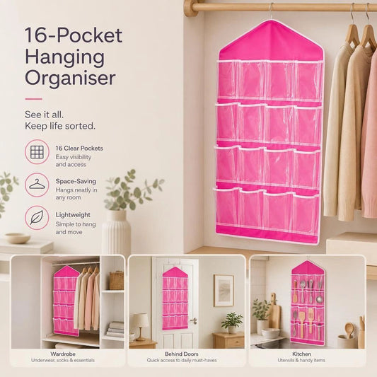 Clear 16 Compartment Hanging Sock Pouch, Underwear Sorting Storage Bag, Rose Red, Bright Bedroom Organizer