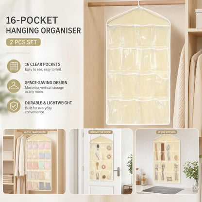 2 Pack 16-Grid Visible Wall Hanging Storage Bags, Lingerie Sock Organizer, Beige, Matching Closet Combo