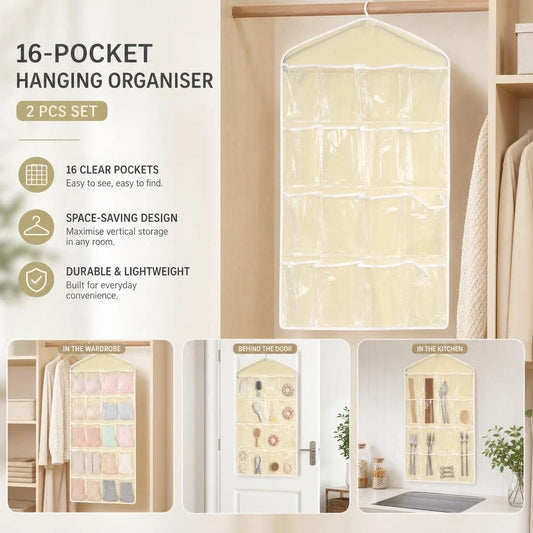 2 Pack 16-Grid Visible Wall Hanging Storage Bags, Lingerie Sock Organizer, Beige, Matching Closet Combo