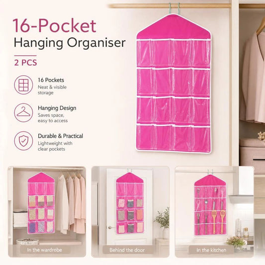 2 Pack Transparent Door Hanging Storage Organizers, 16 Slots For Socks Underwear, Rose Red, Double Pack Storage Set