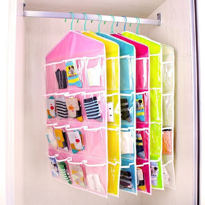 2 Pack Transparent Door Hanging Storage Organizers, 16 Slots For Socks Underwear, Rose Red, Double Pack Storage Set