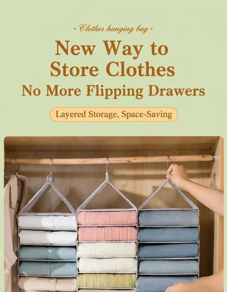 See-through PVC Vertical Garment Hanger Organiser, 9 split pockets for quick clothing access, clean Snow White