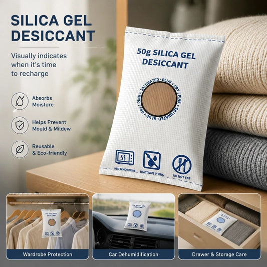 Cobalt Free Flat Top White Silica Gel Desiccant, Moisture Absorbing Sachets, 50g Two Pack