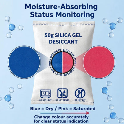 Cobalt Free Flat Top White Silica Gel Desiccant, Moisture Absorbing Sachets, 50g Two Pack