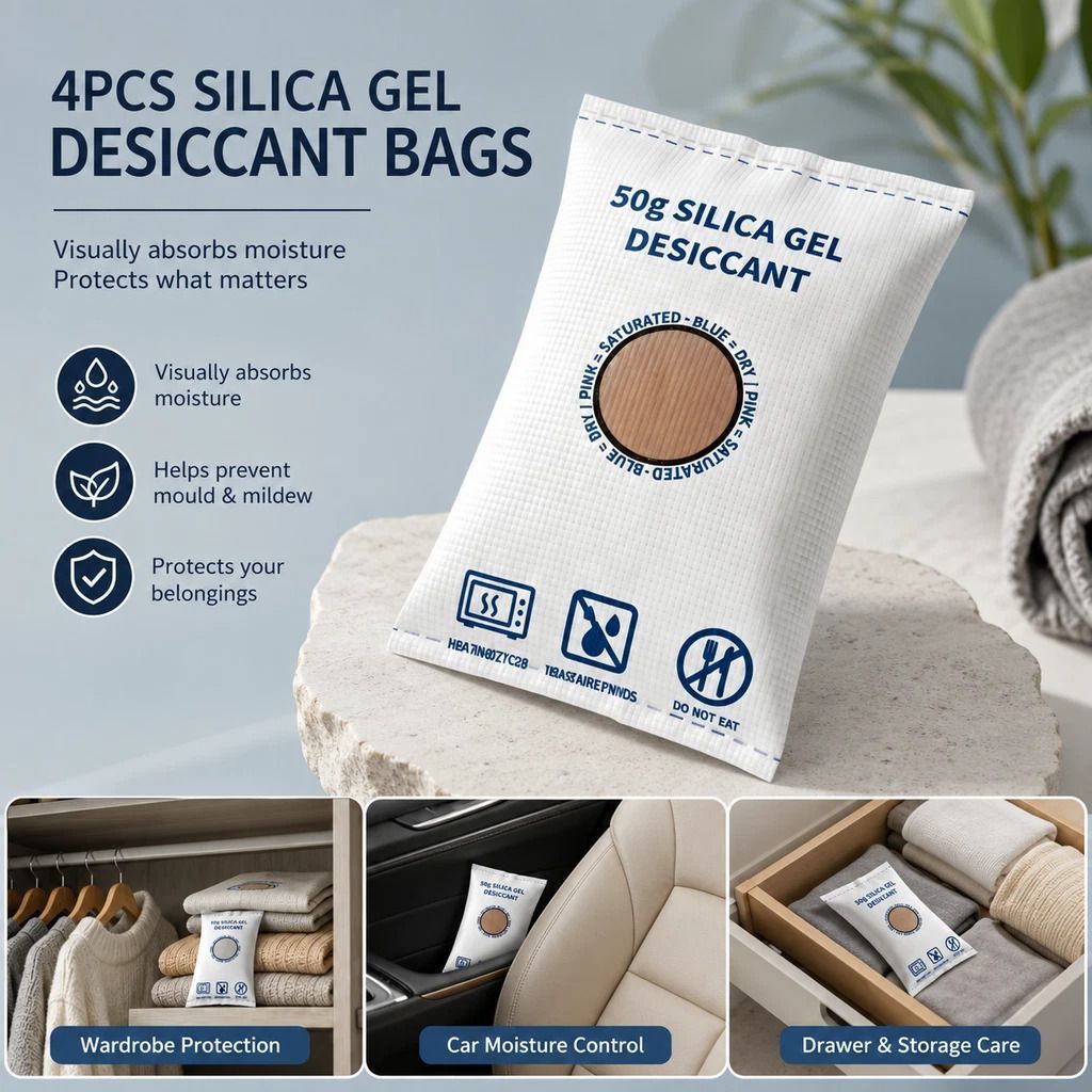 Cobalt Free White Flat Top Silica Gel Packs, Odourless Moisture Removing Sachets, 50g Four Pack