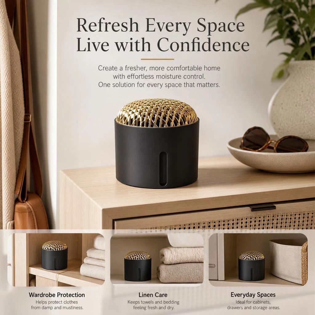 Sleek Black Small Tabletop Humidity Control Box, Sleek Minimal Cabinet Refresh, Anti-Mildew Deodoriser With Matching Desiccant & Scent Pad