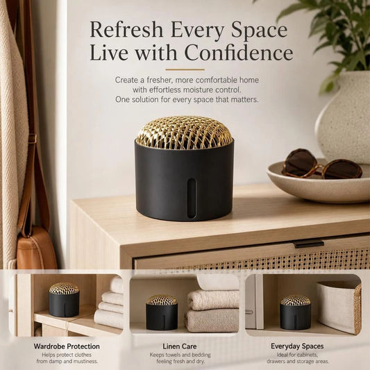 Sleek Black Small Tabletop Humidity Control Box, Sleek Minimal Cabinet Refresh, Anti-Mildew Deodoriser With Matching Desiccant & Scent Pad