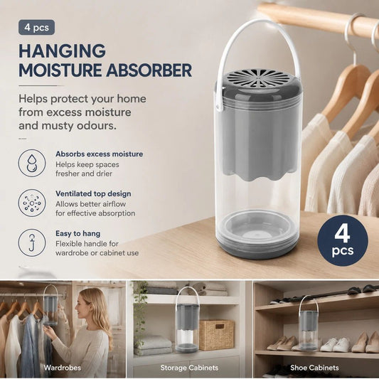 Quad Pack Grey Cloud Suspended Dehumidifier Boxes, Complete Calming Storage Kit, Neutral Soft Scent For Large Family Wardrobes