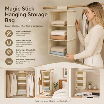 Cotton Linen Hanging Wardrobe Organiser, 3 Tier, Beige, Practical Robe Sorter