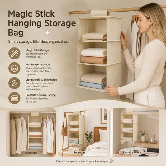 Cotton Linen Hanging Wardrobe Organiser, 3 Tier, Beige, Practical Robe Sorter