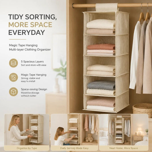 Cotton Linen Multi Layer Hanging Storage Bag, 5 Tier, Beige, Mess-Free Wardrobe