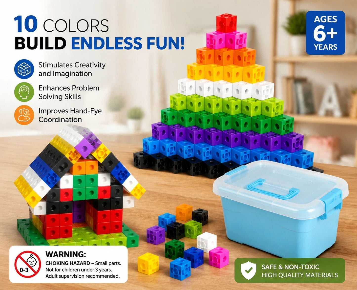 200pcs With Storage Box 10 Colors Mixed PP Square Blocks