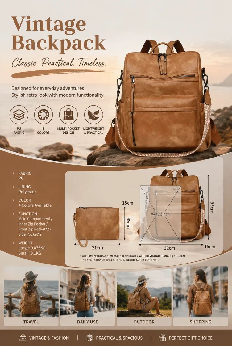 Yellow Apricot Textured Ladies Backpack Set Vintage Large Capacity Shoulder Pack