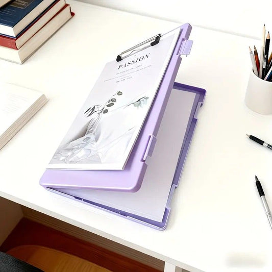 A4 File Box Clip Board 2-in-1, Large Capacity Storage, Strong Metal Clip, Corner Protection Design, Writing Pad, Essential for Organizing Documents/light purple