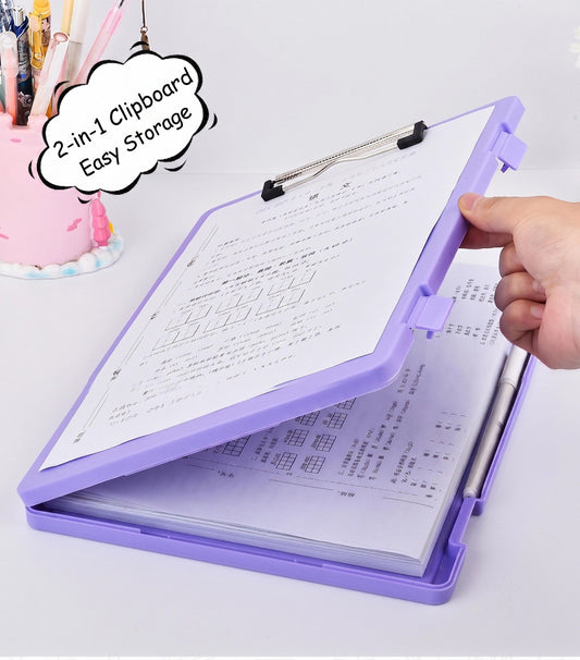 A4 File Box Clip Board 2-in-1, Large Capacity Storage, Strong Metal Clip, Corner Protection Design, Writing Pad, Essential for Organizing Documents/light purple