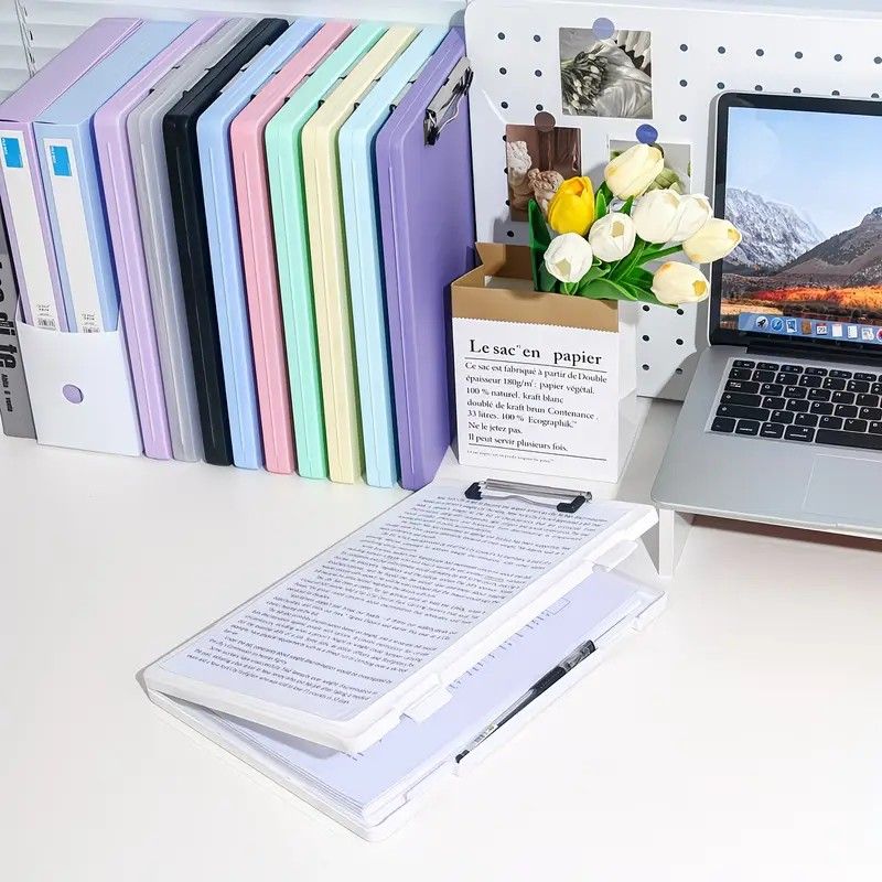 A4 File Box Clip Board 2-in-1, Large Capacity Storage, Strong Metal Clip, Corner Protection Design, Writing Pad, Essential for Organizing Documents/light purple