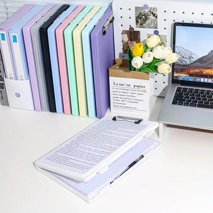 A4 File Box Clip Board 2-in-1, Large Capacity Storage, Strong Metal Clip, Corner Protection Design, Writing Pad, Essential for Organizing Documents/light purple